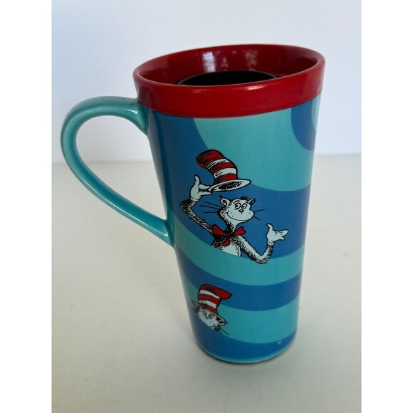 Dr Seuss The Cat In The Hat Travel Coffee Mug Handle Hot Drink Ceramic Lid Blue - Picture 3 of 12